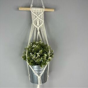 Lianzhui Cream Macrame Wall Plant Hanger Boho Cotton Cord Wooden Dowel 33.5 Inch